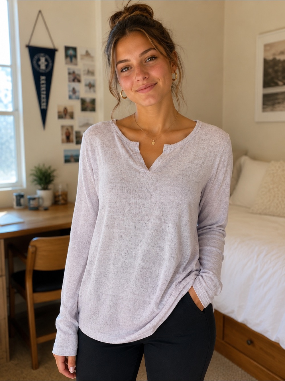 GAP Light Lavender Notch-Neck Long Sleeve Tee